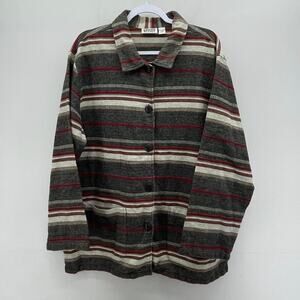 Vintage 1990s Chicos Design Burgundy Gray Stripe Button Front Artsy Chore Jacket